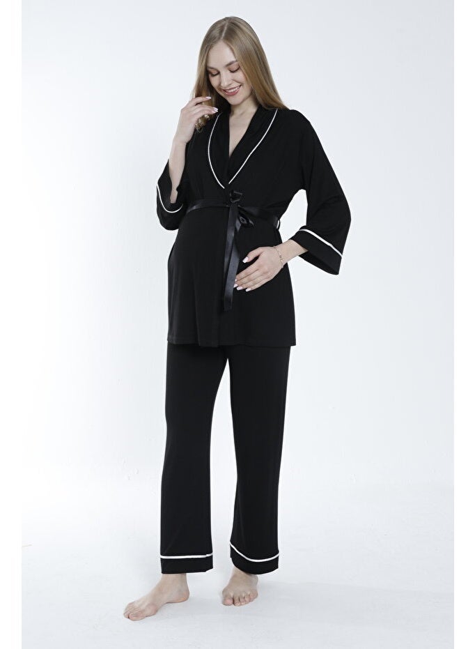 طقم بيجاما حمل ورضاعة برباط أمامي وياقة عريضة - Image 4